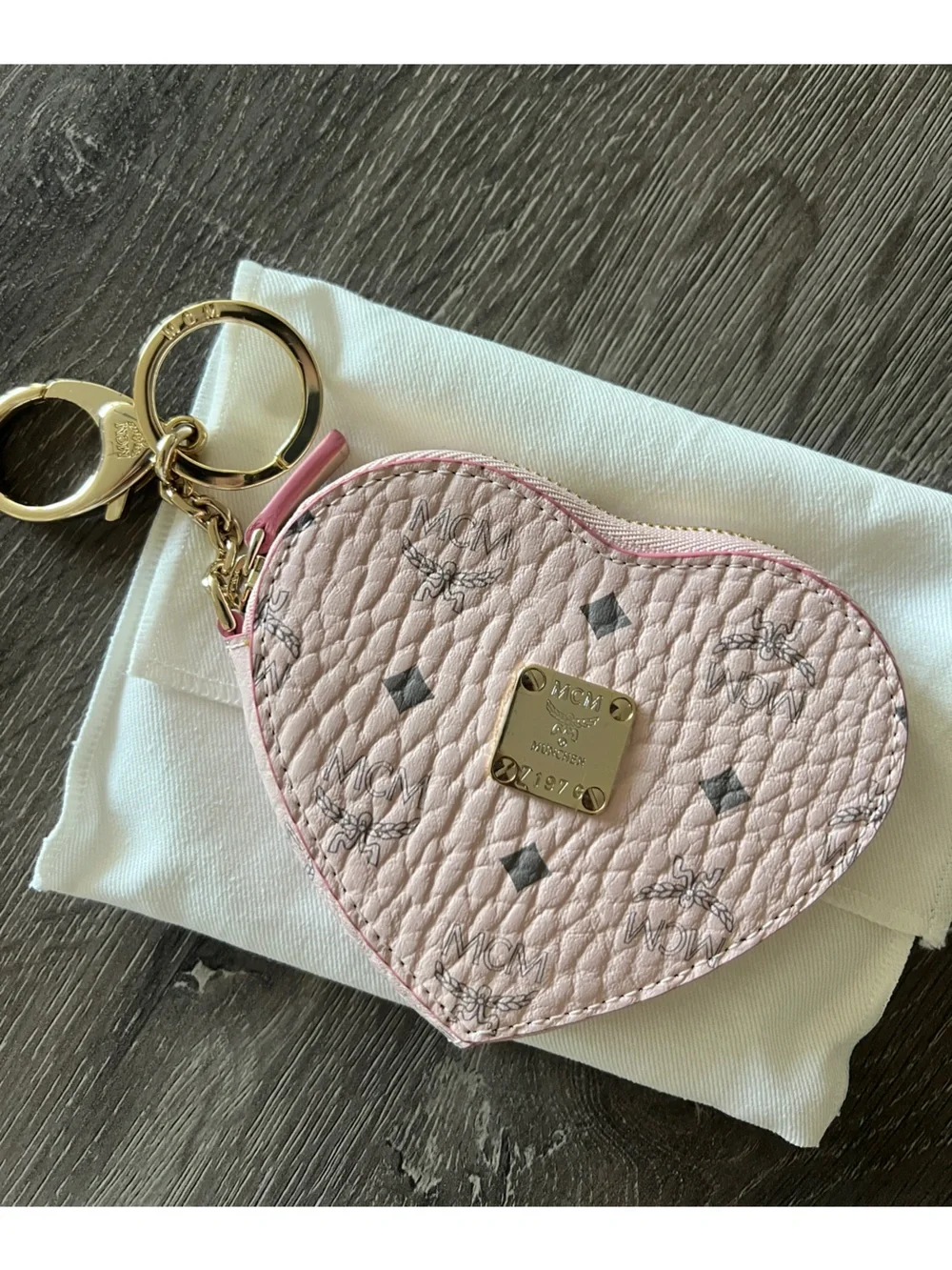 MCM Pink Heart Key & Card Holder with Gold Hardware